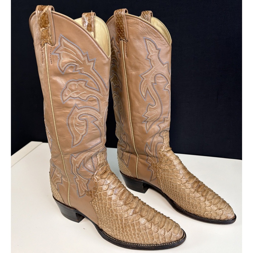 Vintage LARRY MAHAN 1970's Handcrafted Python Western Boots Men 7.5D or Women 9E